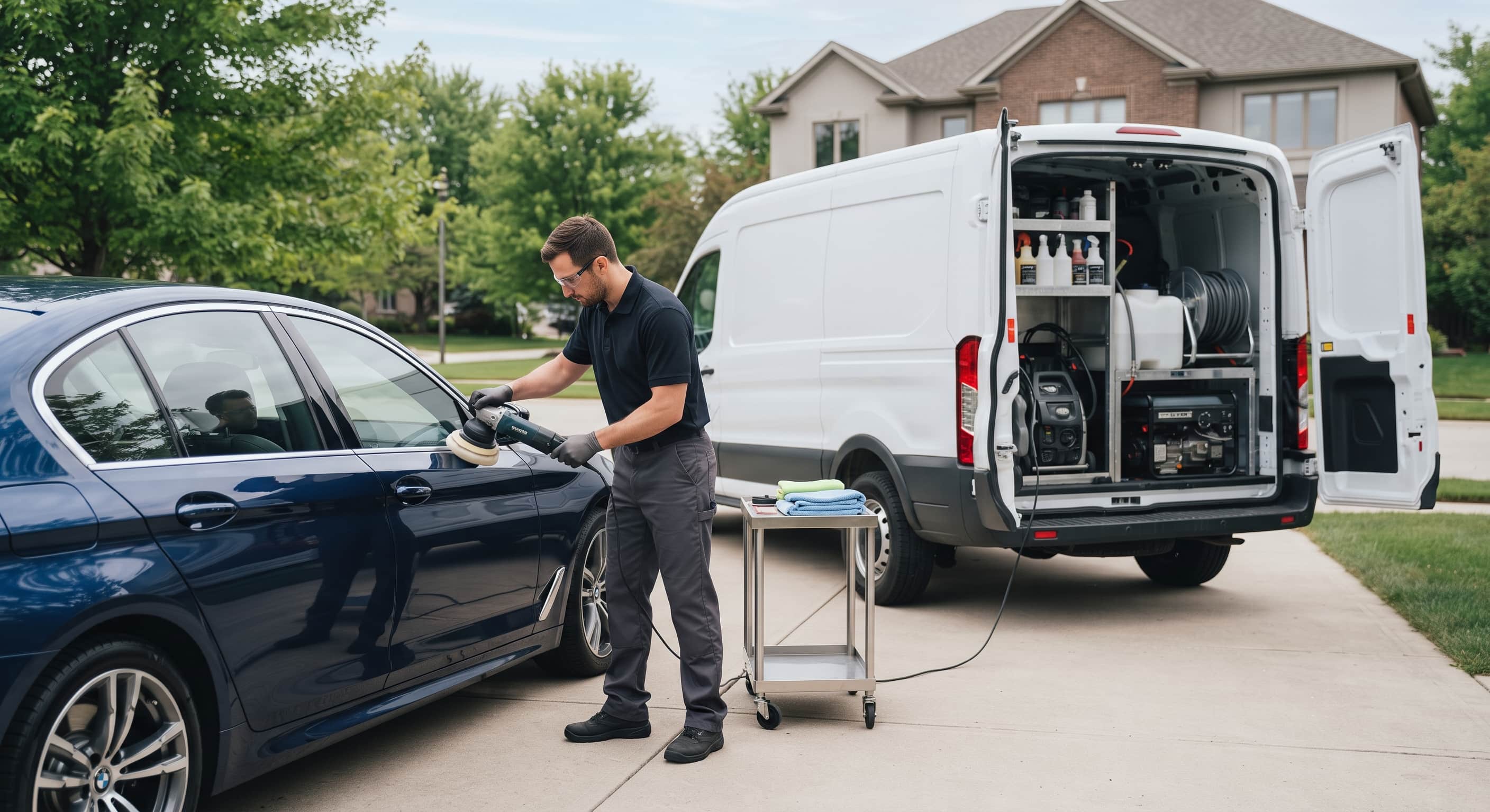 Technician working from a mobile detailing van on-site