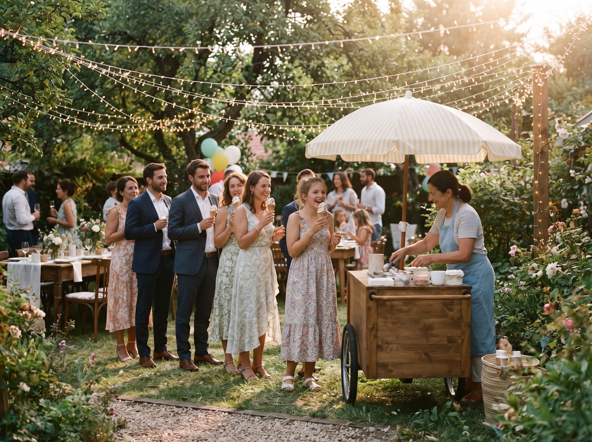 Sundae Social cart set up at a backyard wedding