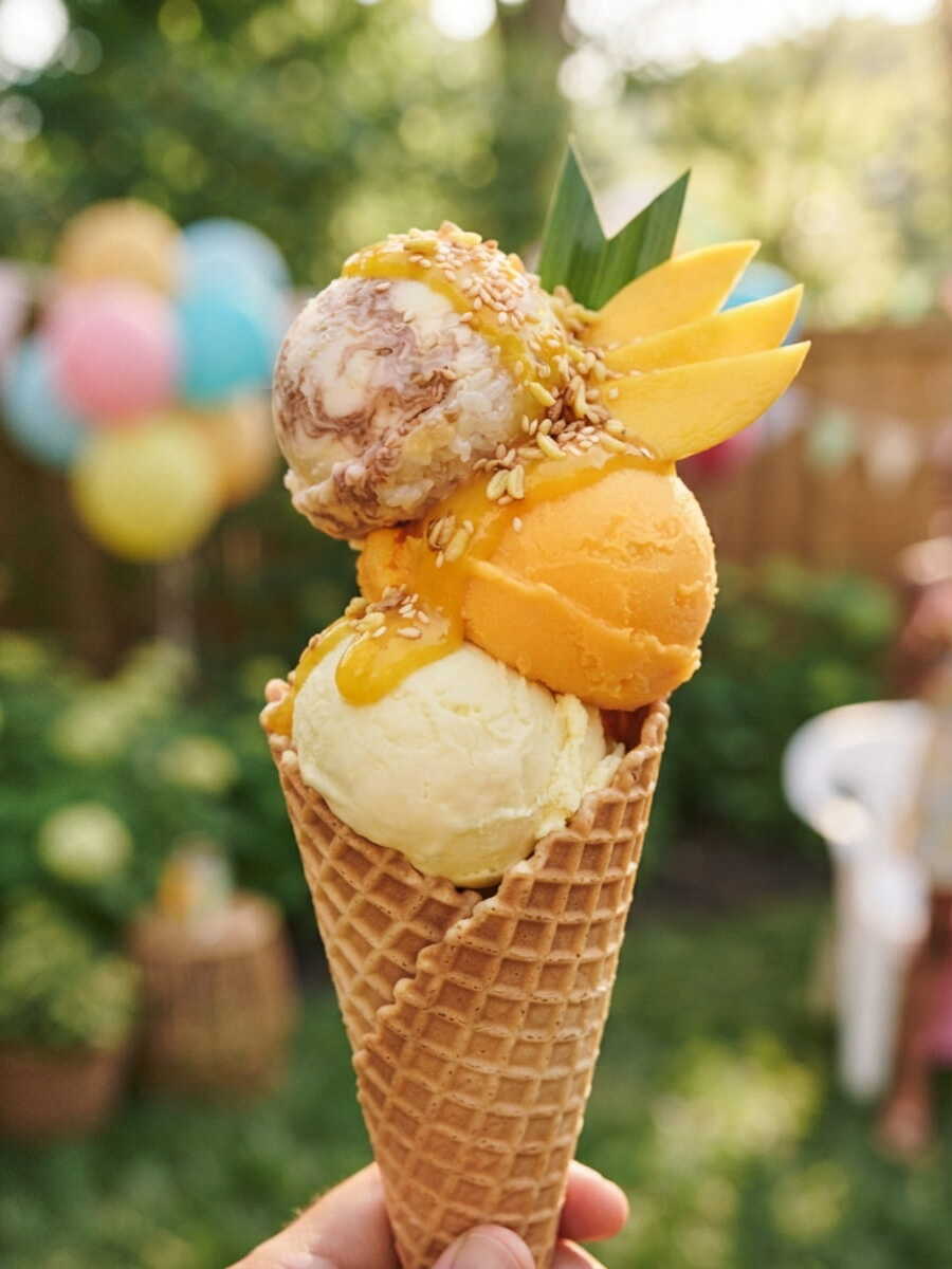 Mango Sticky Rice triple-scoop cone