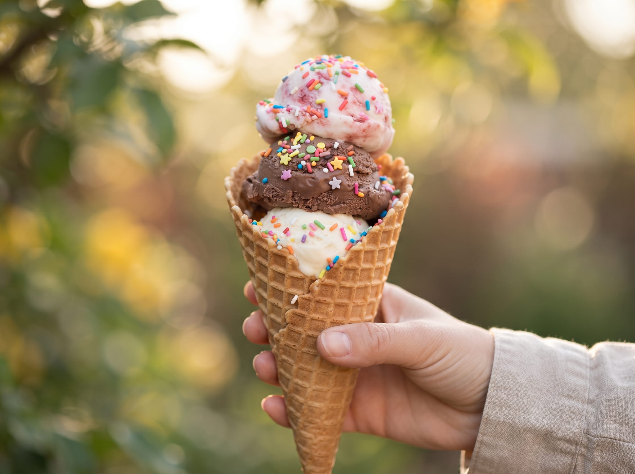 Triple-scoop waffle cone with rainbow sprinkles