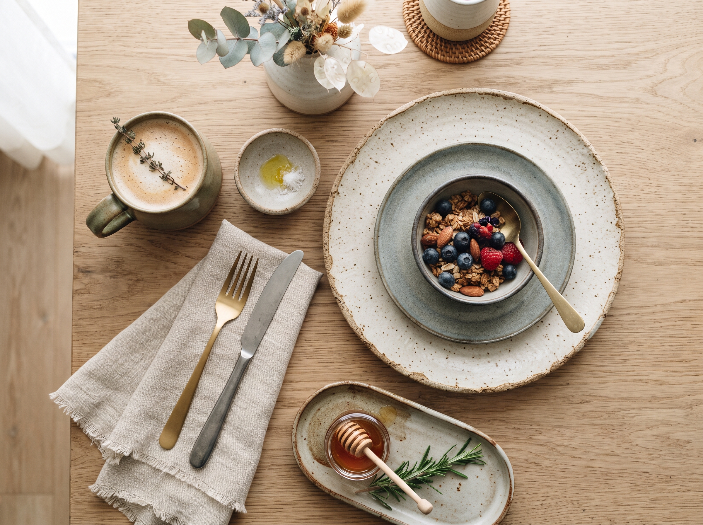 Ceramics and tableware styled flat lay