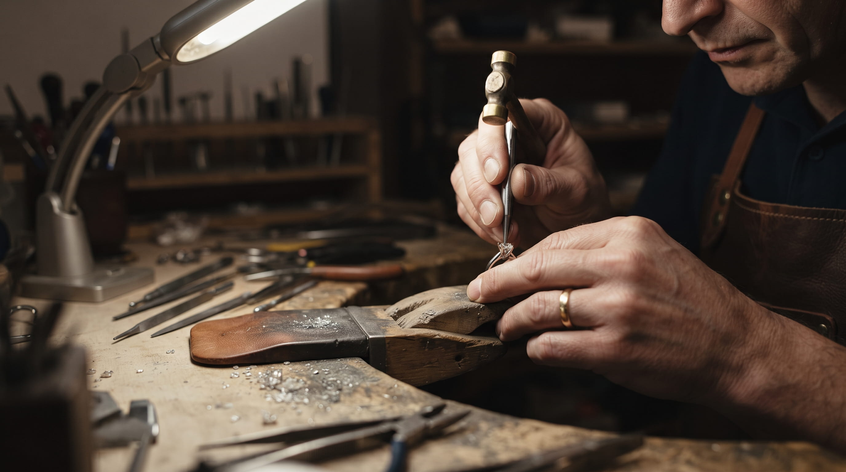 Jeweller's hands at a workbench setting a stone