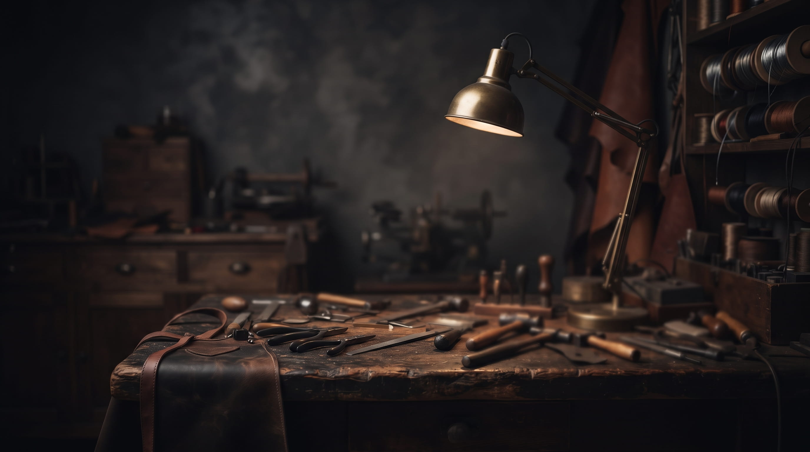 Atelier interior, warm low light