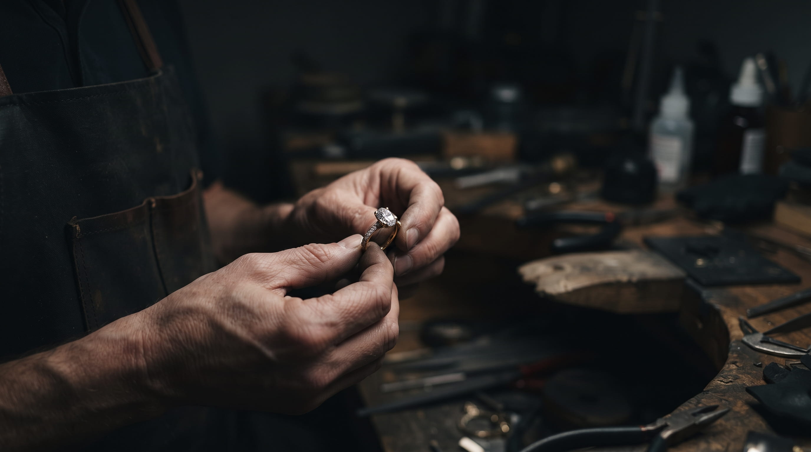 Hands holding a finished ring, jeweller's workbench in soft background