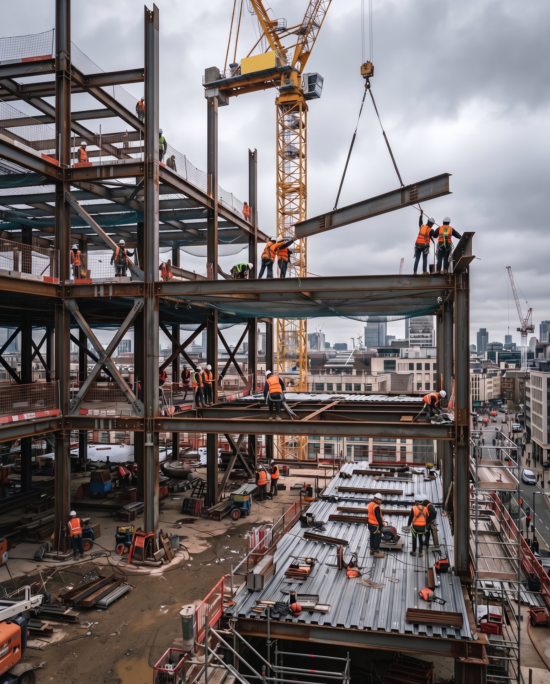 Structural steel frame mid-construction