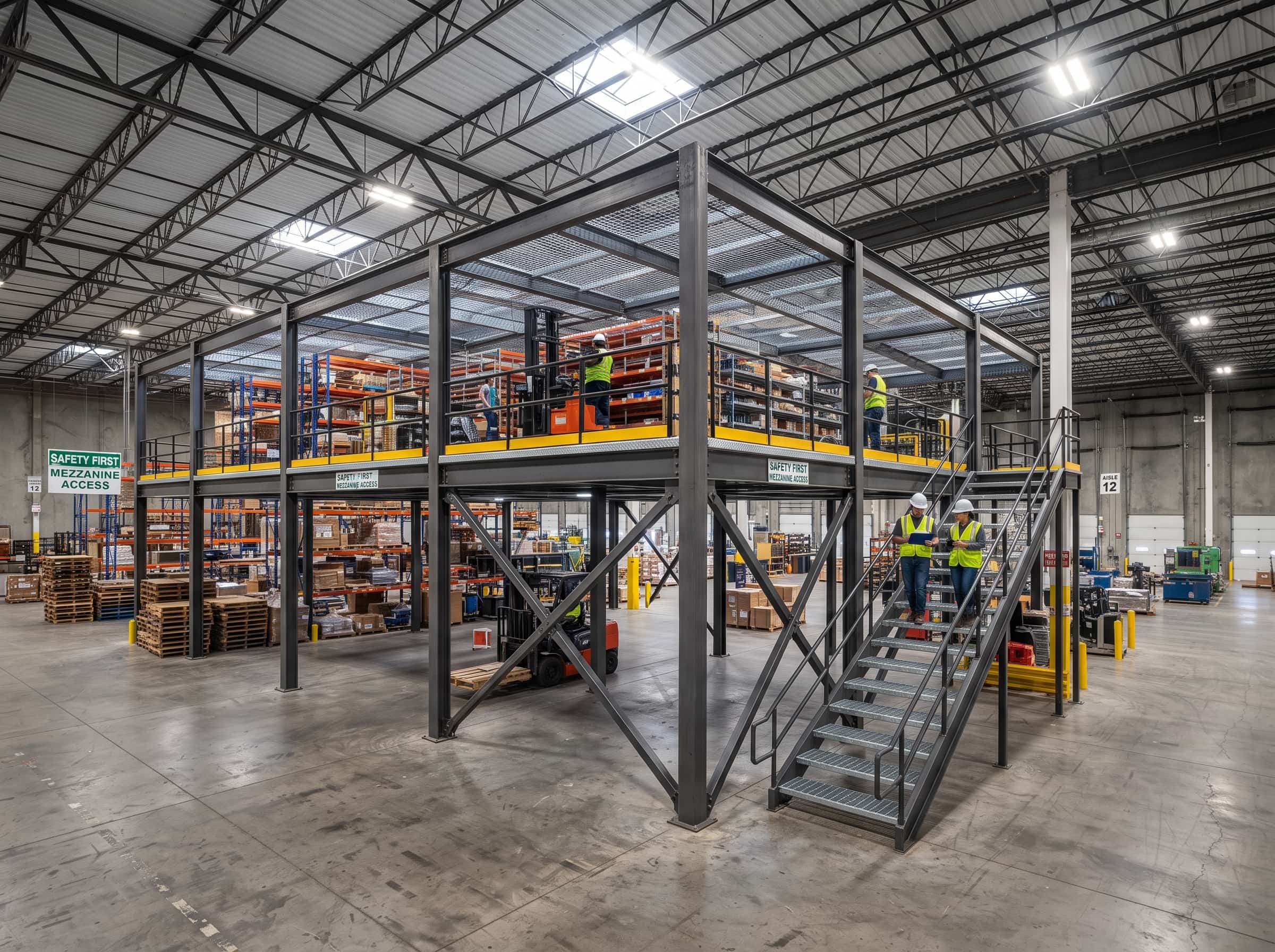 Completed structural steel mezzanine in a warehouse