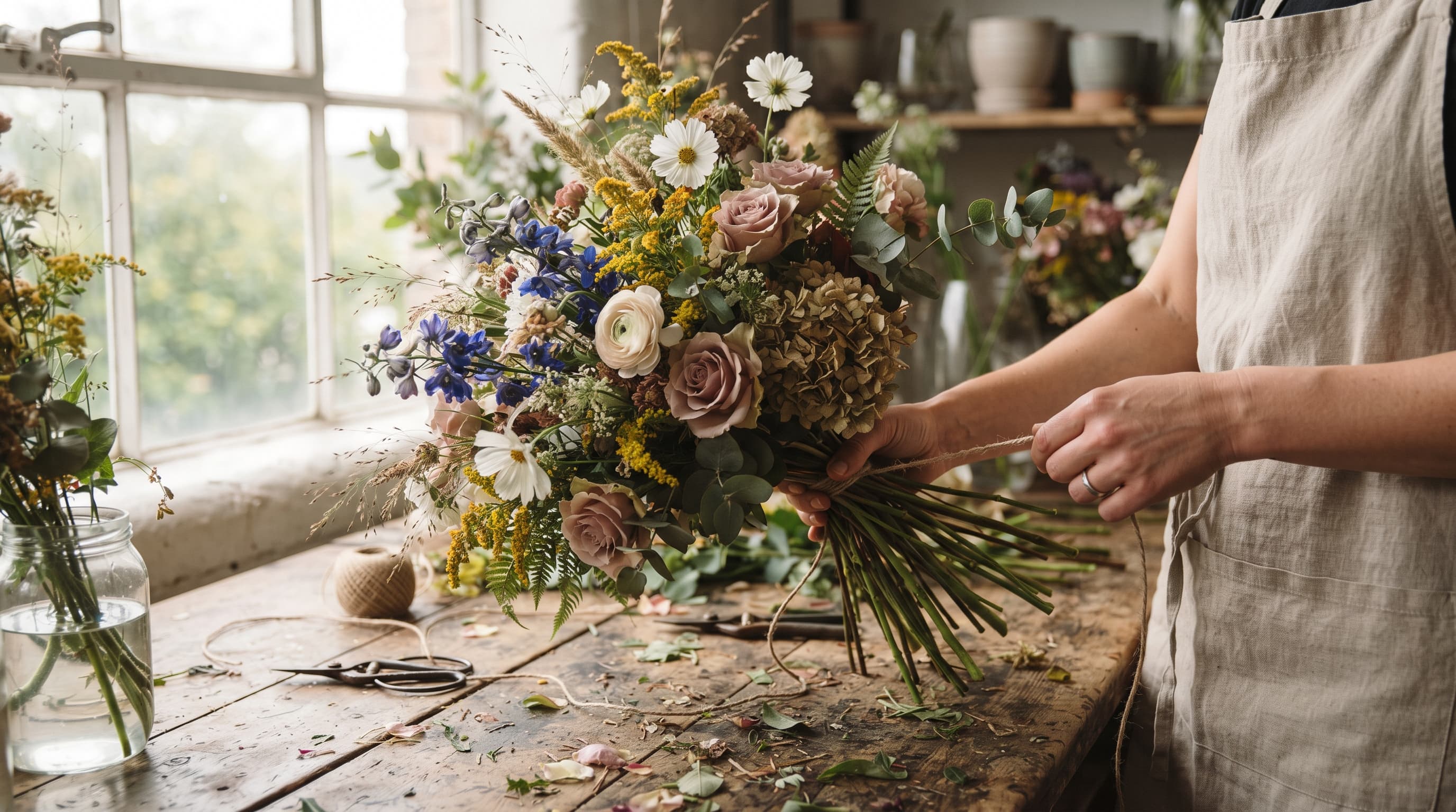 Hands tying a loose seasonal bouquet