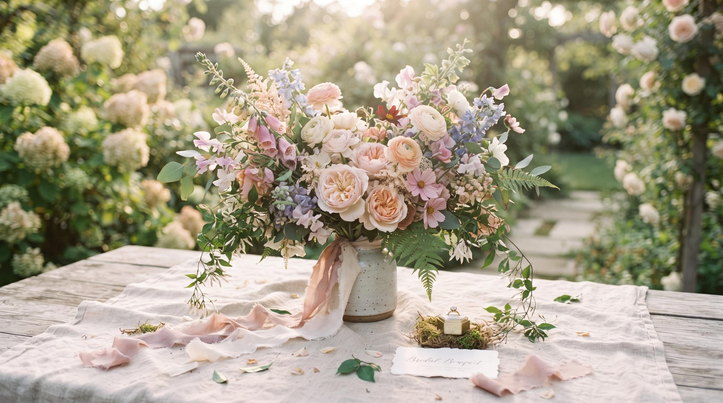 Bridal-style garden arrangement on linen