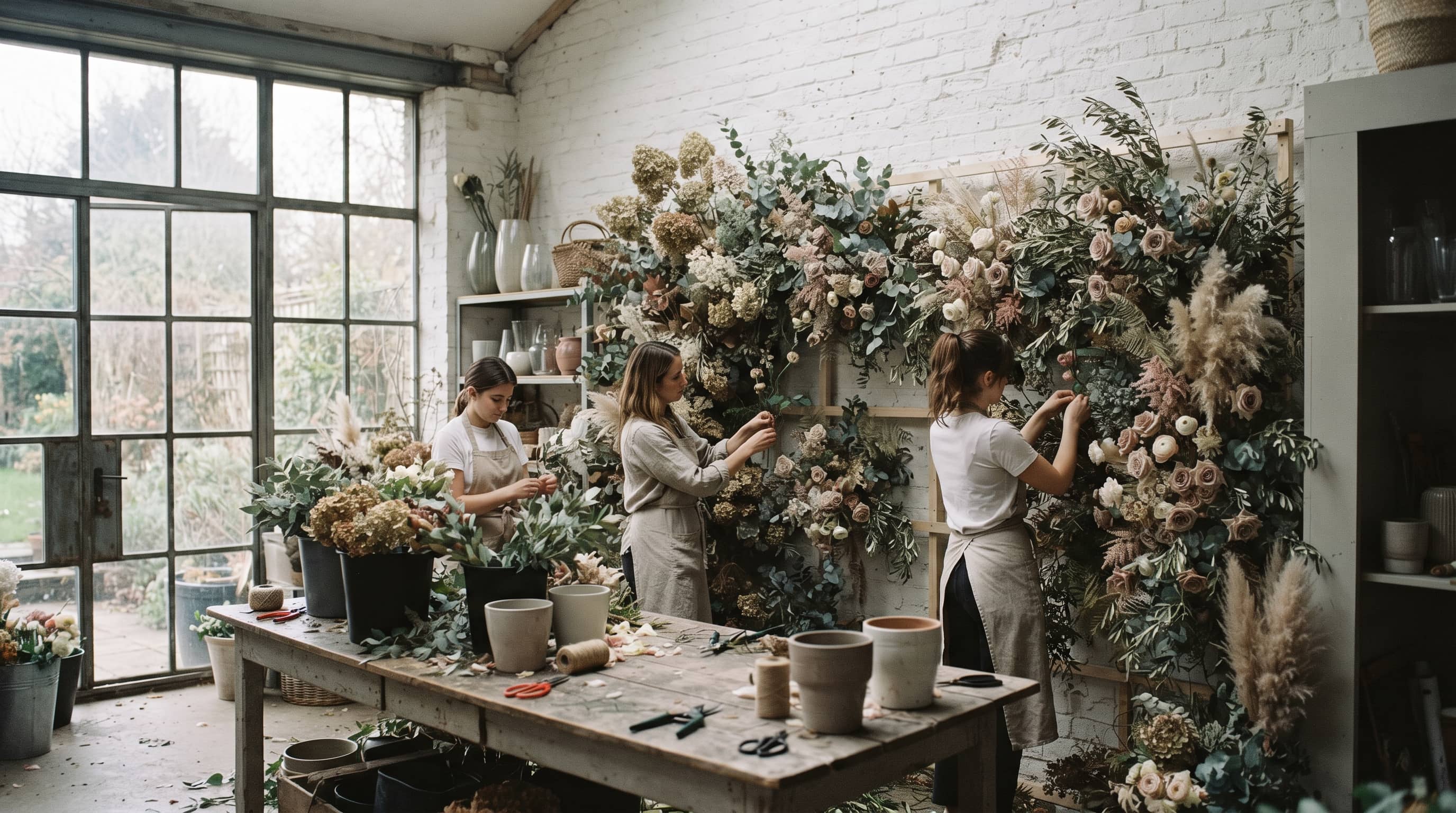 Studio flower wall, loose seasonal arrangement