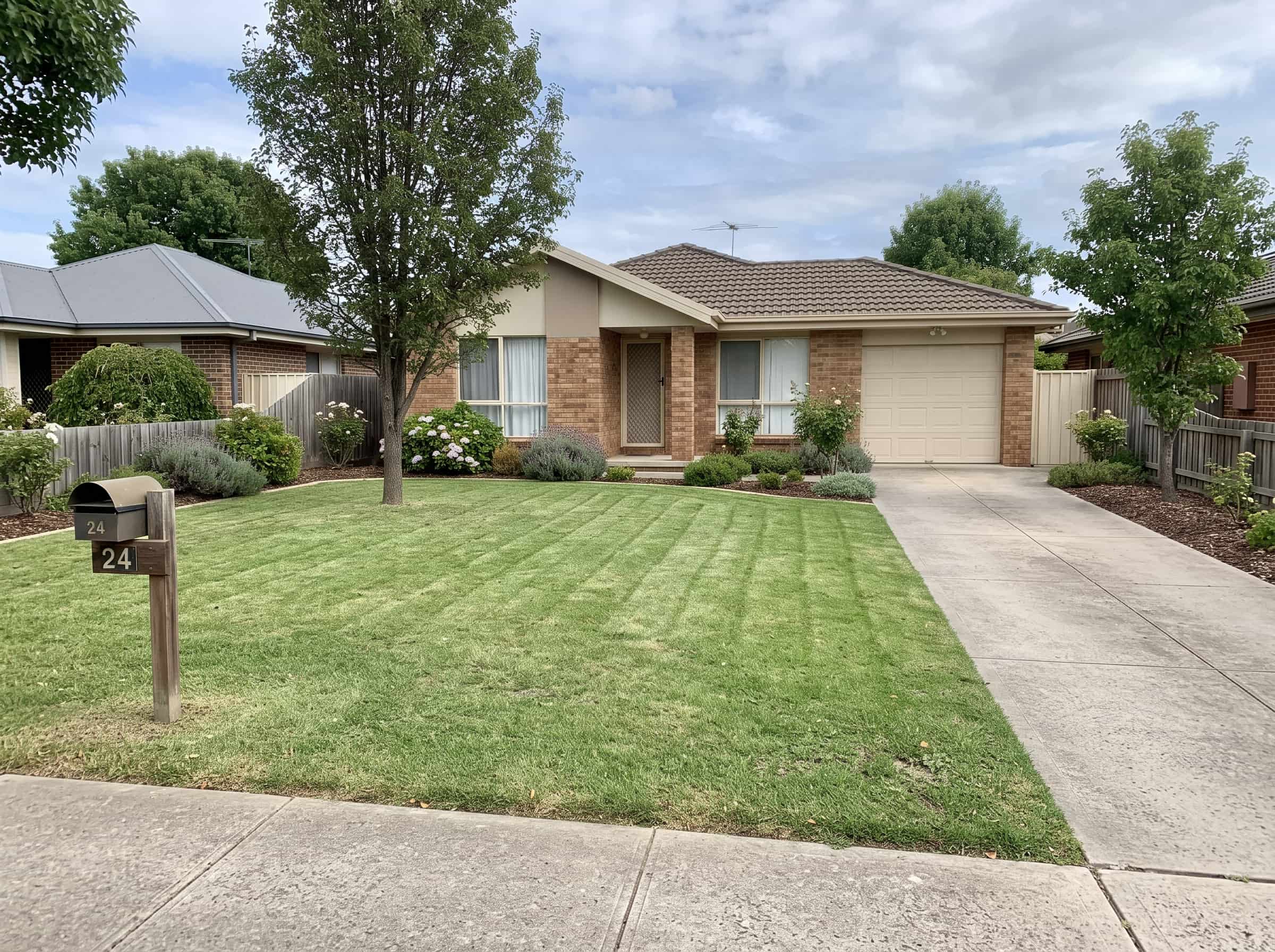 Freshly mowed front lawn